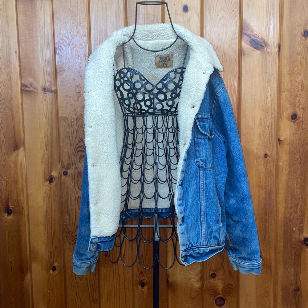 80s Gap Mens Large Sherpa Collar Lined Faded Denim Jean Jacket vintage coat - Picture 10 of 13
